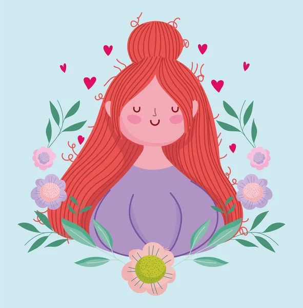 Щасливі матері день, жінка з волоссям мультфільм квіти прикраса — стоковий вектор