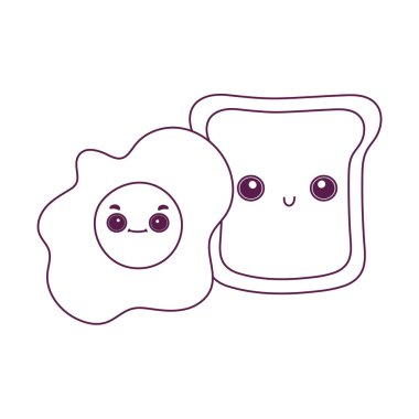 Sevimli yemek kahvaltı dilimi ekmek ve kızarmış yumurta tatlı tatlı pasta çizgi film izole tasarım tarzı