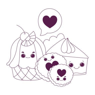 Tatlı yemek keki ve kurabiyeler tatlı tatlı pasta çizgi film izole tasarım tarzı