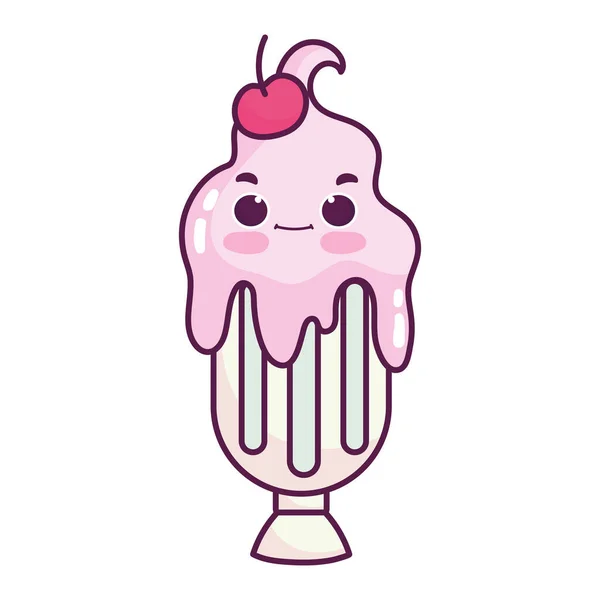 Roztomilý jídlo zmrzlina v poháru sladký dezert kawaii karikatura izolovaný design — Stockový vektor