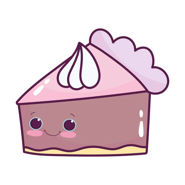 Lindo pastel de rebanada de comida con crema dulce postre kawaii dibujos animados diseño aislado — Vector de stock