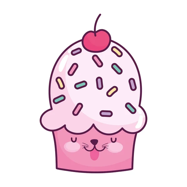 Cupcake comida lindo con fruta dulce postre kawaii dibujos animados diseño aislado — Archivo Imágenes Vectoriales