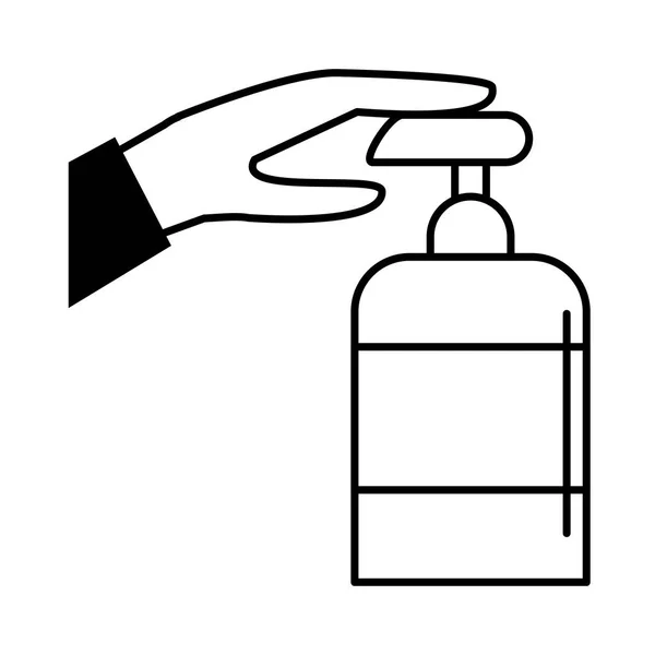 Virus covid 19 pandemia mano con jabón dispensación botella línea estilo icono — Archivo Imágenes Vectoriales