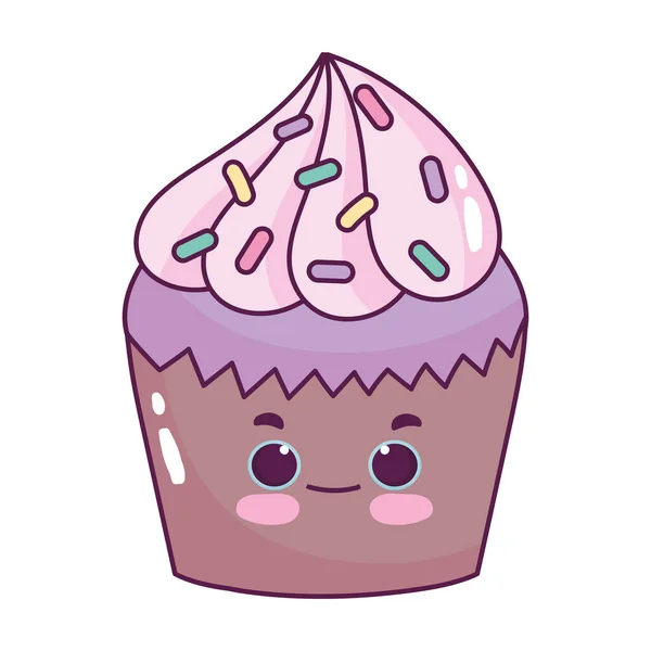 Niedliches Essen Cupcake mit Streusel süßes Dessert Kawaii Cartoon isoliertes Design — Stockvektor