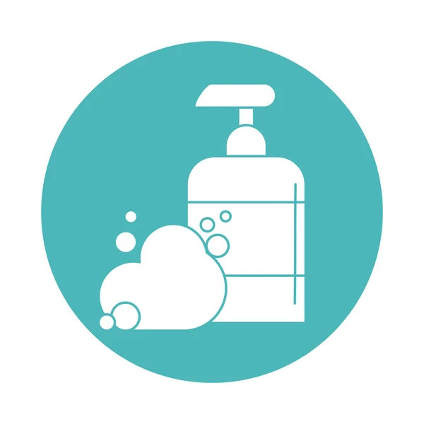 Wirus covid 19 ikona bloku dozownika mydła w płynie pandemicznym — Wektor stockowy