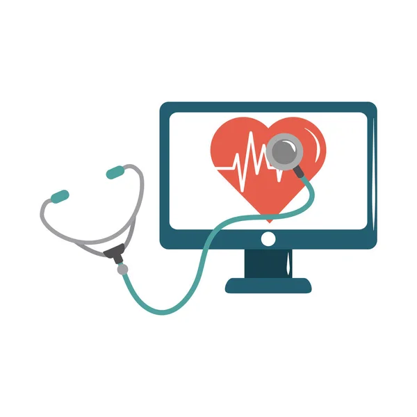 Онлайновый врач компьютер стетоскоп сердца уход икона плоский стиль — стоковый вектор