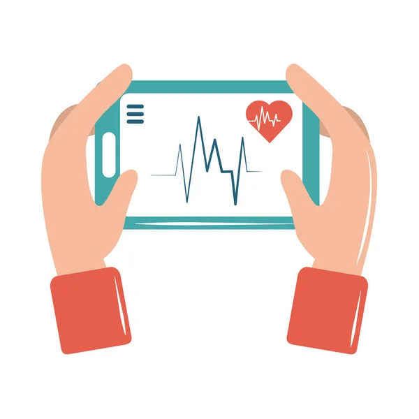 Online doctor hand with smartphone heartbeat care flat style icon — Stock Vector