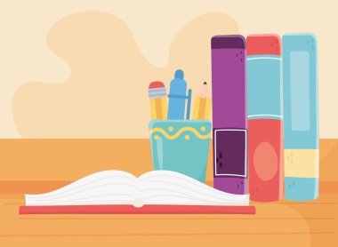 Çevrimiçi eğitim, açık kitaplar ve ayakta duran kitap kırtasiye malzemeleri