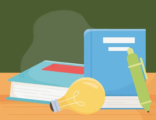 Online vzdělávání, knihy pero a žárovka nápady knihy — Stockový vektor