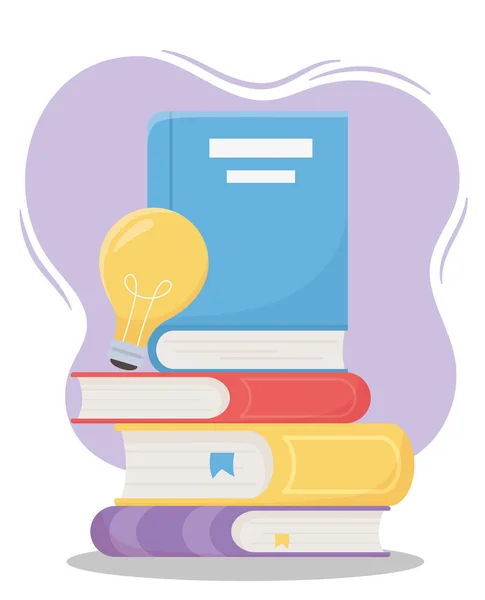 Online-Bildung, Bücherstapel mit Glühbirnen-Idee — Stockvektor