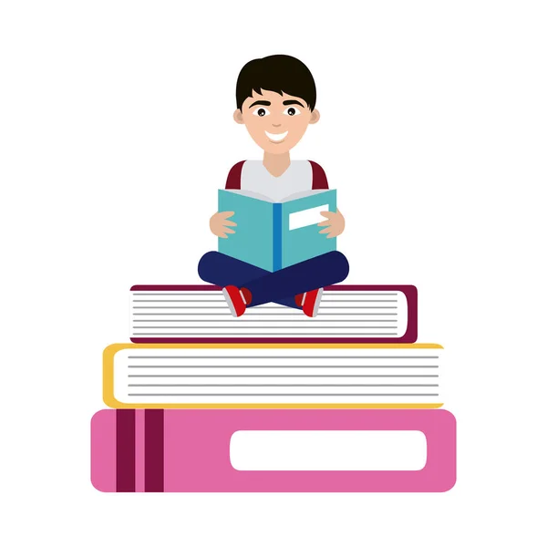 Tonåring med öppen bok sitter på böcker hem utbildning platt stil ikon — Stock vektor