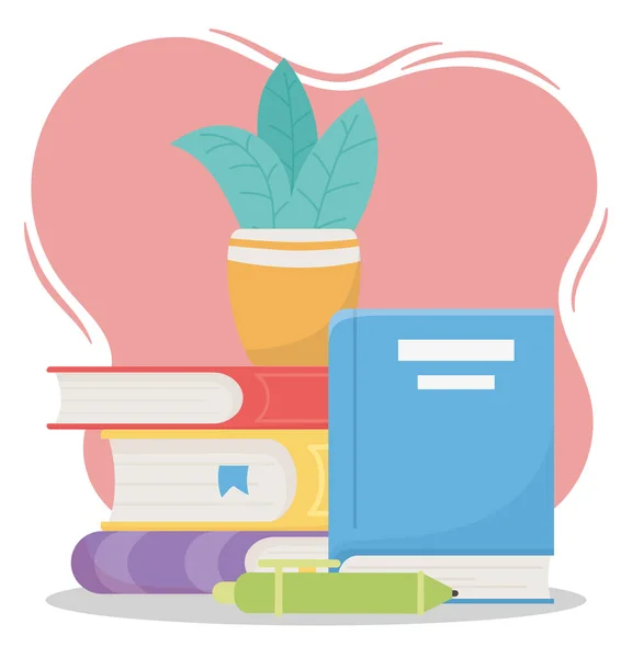 책 학교에서의 온라인 교육, 펜 과 식물 — 스톡 벡터