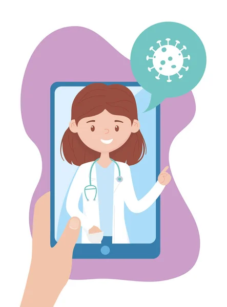 Santé en ligne, consultation smartphone femme médecin covid 19 coronavirus — Image vectorielle