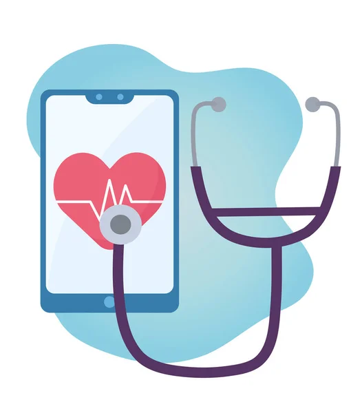 Онлайновое здравоохранение, смартфон и стетоскоп — стоковый вектор