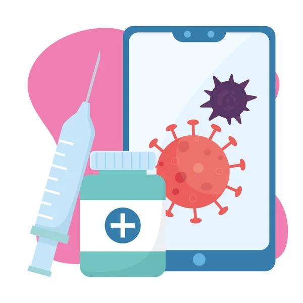 Online υγεία, σύριγγα για smartphone και μπουκαλάκι φαρμακείου covid 19 coronavirus — Διανυσματικό Αρχείο