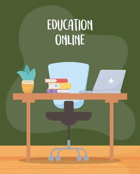 Online εκπαίδευση, σχολική καρέκλα φορητών υπολογιστών και — Διανυσματικό Αρχείο
