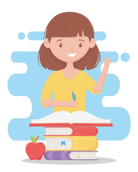 Online onderwijs, leraar met potlood stapel boeken en appel — Stockvector