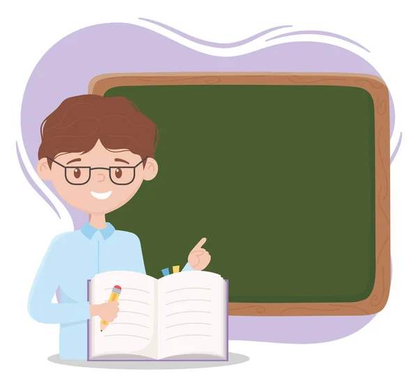 Educación en línea, profesor con libros a lápiz y clase de libro de tiza — Vector de stock