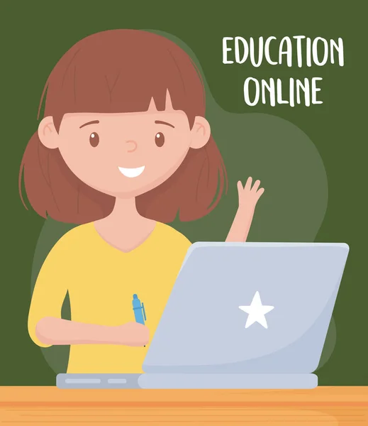 Online εκπαίδευση, γυναίκα δασκάλα με φορητό υπολογιστή και στυλό — Διανυσματικό Αρχείο