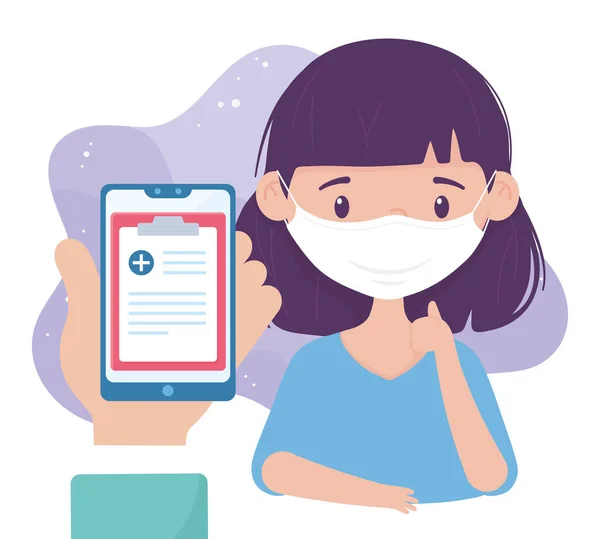 Online-Gesundheit, Patient mit Maske und Smartphone-Beratung Covid 19 Coronavirus — Stockvektor