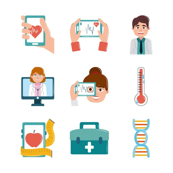 Online doctor health medicine care flat style icons set — Stock Vector