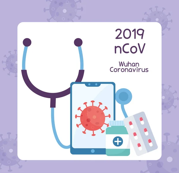 Online hälsa, smartphone stetoskop medicin piller virus covid 19 coronavirus — Stock vektor