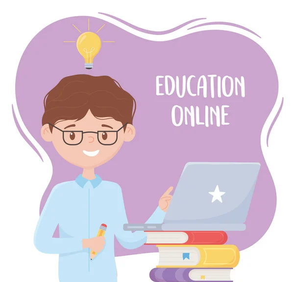 Онлайн-освіта, вчителька з олівцем і ноутбуком на книгах — стоковий вектор
