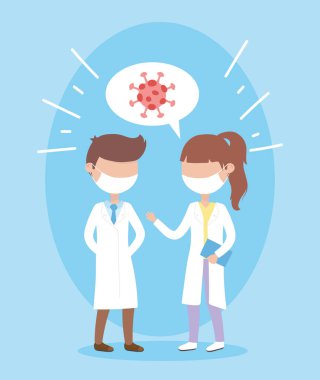 covid 19 koronavirüs salgını, kadın ve erkek doktorlar virüsten bahsediyor