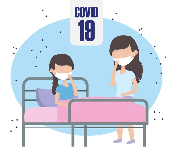 Covid 19 coronavirus pandemie, zieke vrouwen in kamer ziekenhuis met maskers — Stockvector