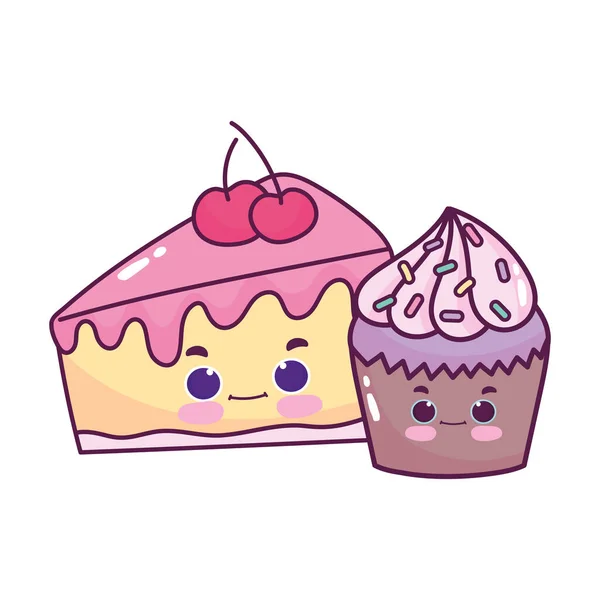 Lindo cupcake comida y pastel de rebanada cereza dulce postre pastelería dibujos animados diseño aislado — Vector de stock