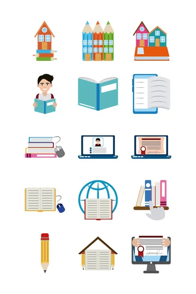 Enseignement à domicile école apprendre fournitures icônes ensemble icône de style plat — Image vectorielle