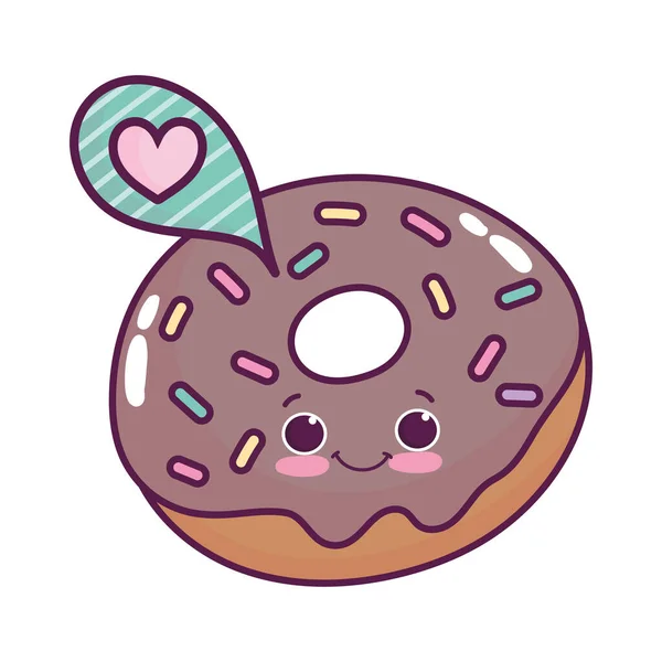 Alimentos lindos donut discurso burbuja amor dulce postre kawaii dibujos animados diseño aislado — Vector de stock