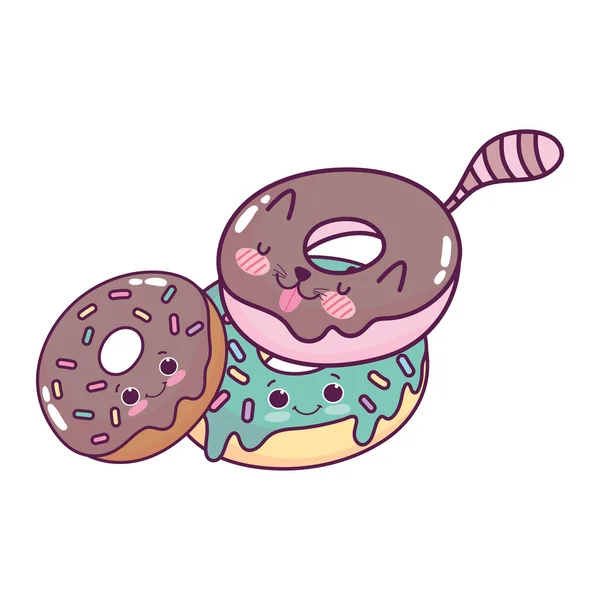 可爱的食品甜甜圈kawaii甜食糕点卡通片独立设计 — 图库矢量图片