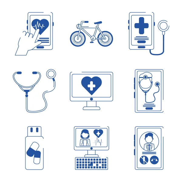 온라인 의사 건강 관리 파란색 라인 아이콘 설정 — 스톡 벡터