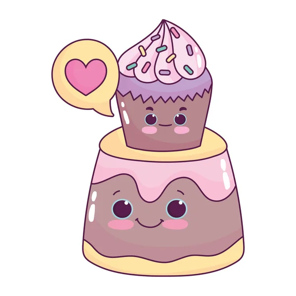 Lindo cupcake comida en gelatina amor dulce postre pastelería dibujos animados diseño aislado — Vector de stock