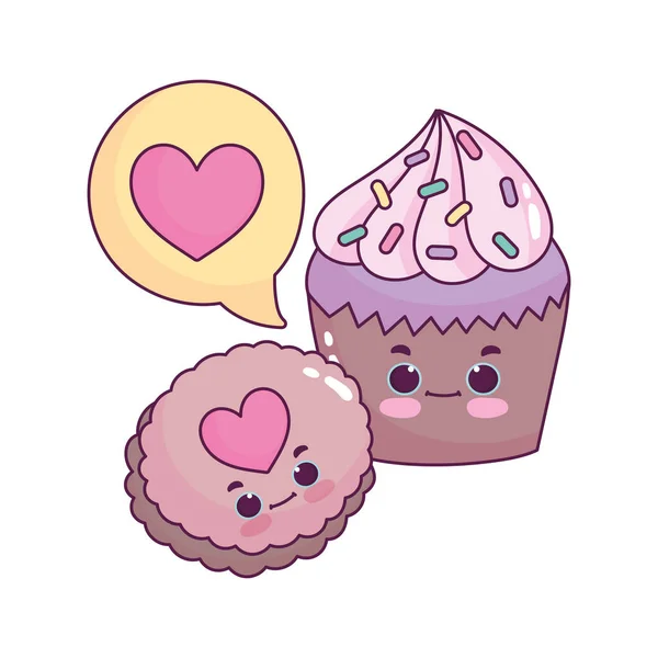 かわいい食品カップケーキとクッキーの愛心甘いデザートペストリー漫画孤立デザイン — ストックベクタ