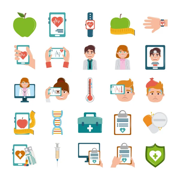 Médecin en ligne soins de santé style plat icônes ensemble — Image vectorielle