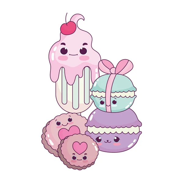 Mignonne crème glacée alimentaire macarons et biscuits pâtisserie dessert doux dessin animé design isolé — Image vectorielle