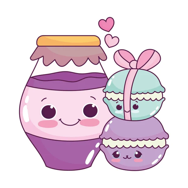 Macarons alimentaires mignons et pot avec confiture pâtisserie dessert doux dessin animé design isolé — Image vectorielle
