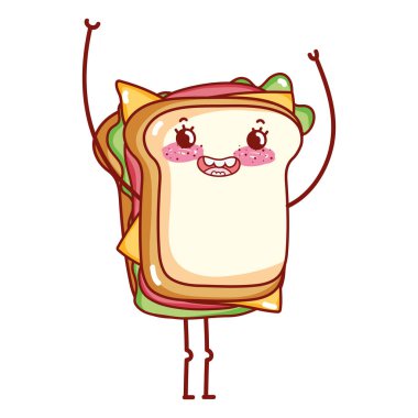 Sandviç hazır yemek şirin kawaii çizgi filmi izole edilmiş ikon