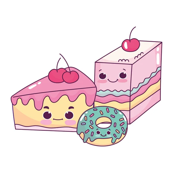Schattig eten gelei taart en donut zoete dessert gebak cartoon geïsoleerd ontwerp — Stockvector