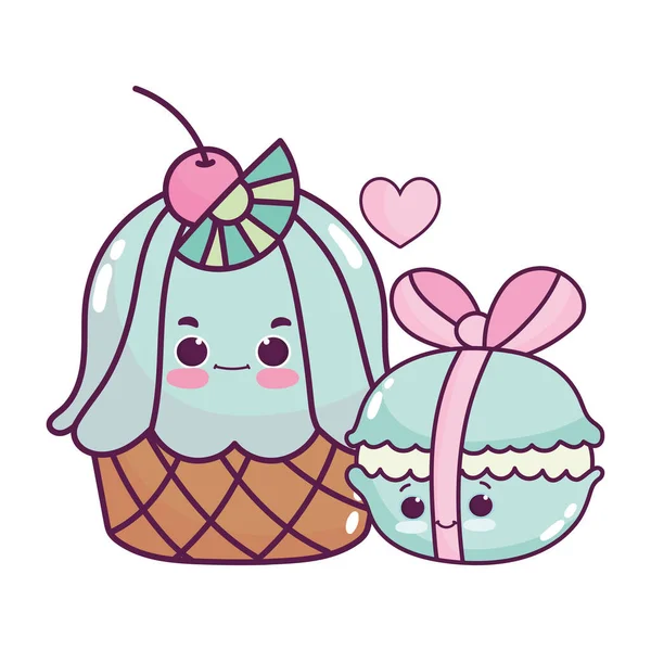 Schattig eten cupcake en macaroon met lint zoet dessert gebak cartoon geïsoleerd ontwerp — Stockvector