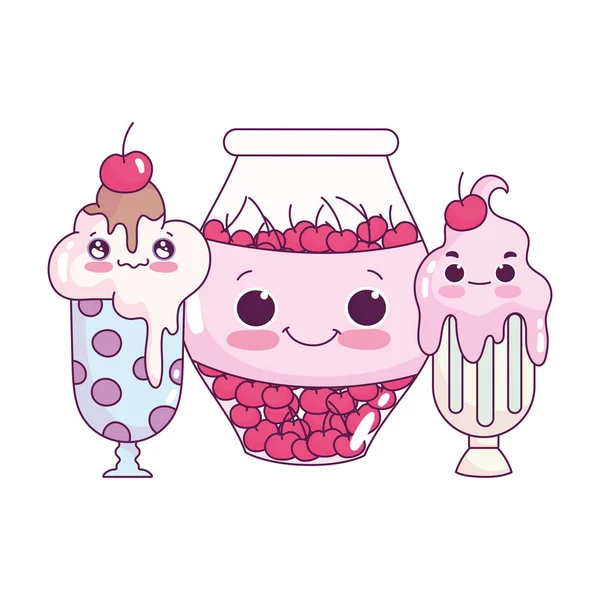 Alimentos lindos tazas de helado y tarro con cerezas dulce postre pastelería dibujos animados diseño aislado — Archivo Imágenes Vectoriales