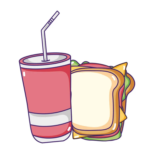 Fastfood sandwich en wegwerp frisdrank beker cartoon geïsoleerde pictogram — Stockvector