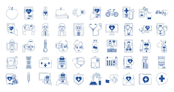 Médico en línea atención médica línea azul estilo iconos conjunto — Vector de stock