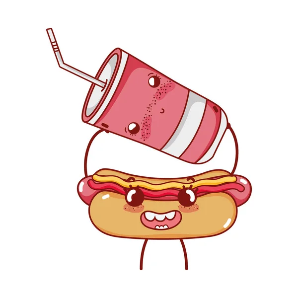 Fast food cute hot dog and plastic cup with cartoon — Stock Vector