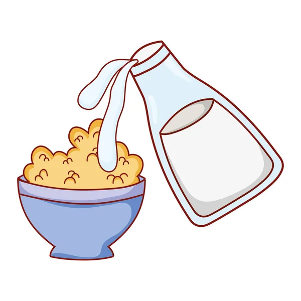 Frühstück Lebensmittel Milch Gießen in Müslischale Karikatur isoliert Symbol — Stockvektor