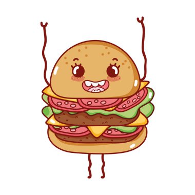 Hamburger, tatlı kawaii çizgi filmi izole edilmiş ikon.