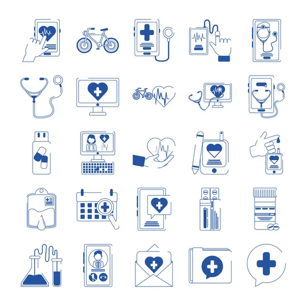 온라인 의사 건강 관리 파란색 라인 아이콘 설정 — 스톡 벡터