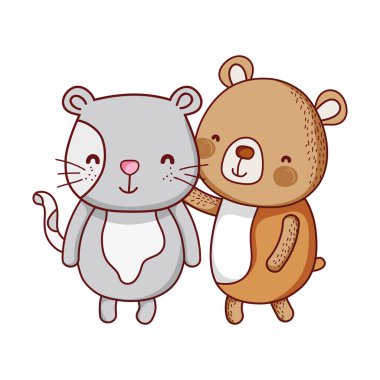 Sevimli hayvanlar, ayı ve kedi çizgi filmi izole edilmiş ikon